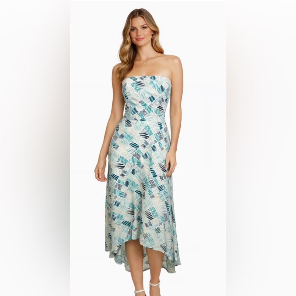 White House Black Market Strapless Blue, White, Black Patterned Dress- High Low